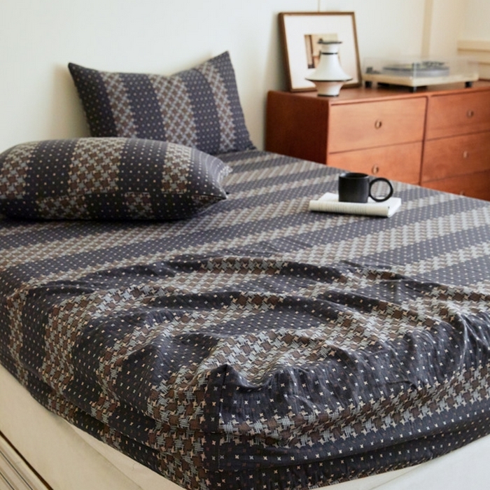 91家纺网 家纺一手货源 找家纺 2025新款A类全棉色织双层纱单床笠 格林-深灰