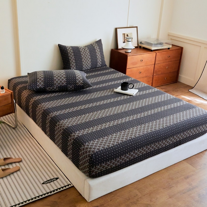 91家纺网 家纺一手货源 找家纺 2025新款A类全棉色织双层纱单床笠 格林-深灰