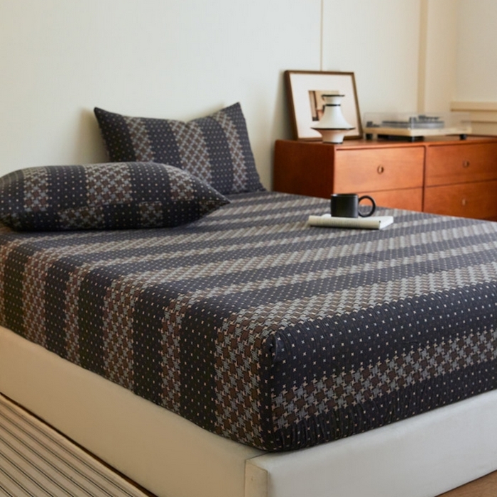 91家纺网 家纺一手货源 找家纺 2025新款A类全棉色织双层纱单床笠 格林-深灰