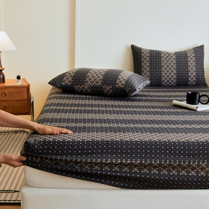 91家纺网 家纺一手货源 找家纺 2025新款A类全棉色织双层纱单床笠 格林-深灰