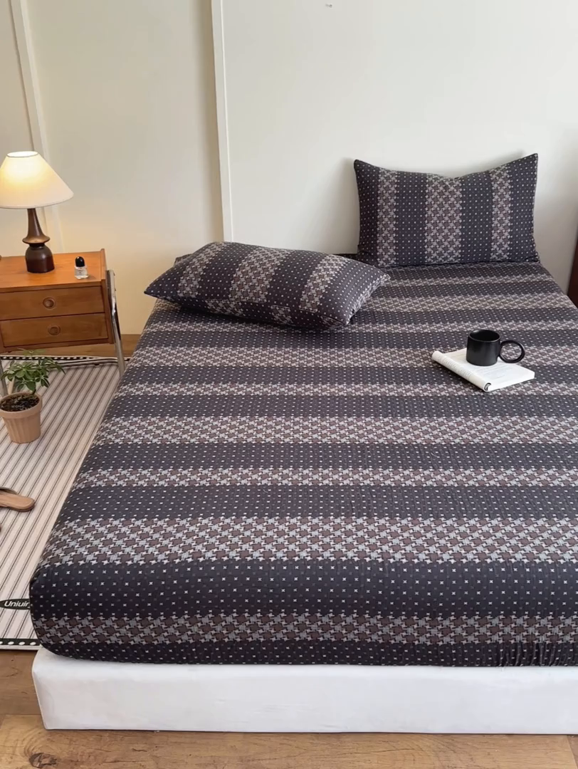 91家纺网 家纺一手货源 找家纺 2025新款A类全棉色织双层纱单床笠 格林-深灰