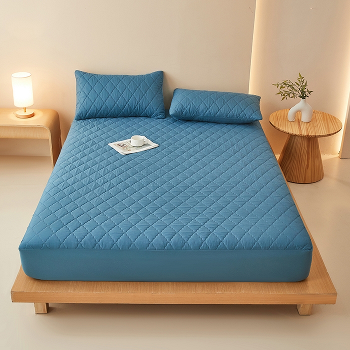 91家纺网 家纺一手货源 找家纺 衿成家纺 2025新款跨境电商热款菱形格夹棉防水床笠支持大佬价跑量多尺寸可做-单床笠 L-深蓝