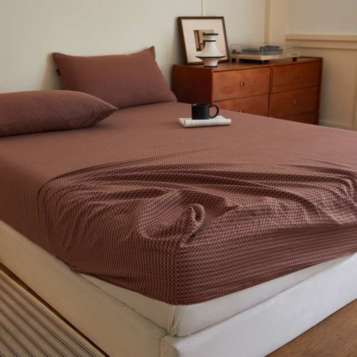 91家纺网 家纺一手货源 找家纺 2025新款A类全棉色织双层纱单床笠 格林-烟红