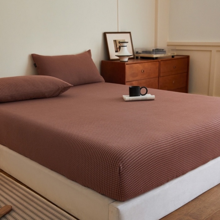 91家纺网 家纺一手货源 找家纺 2025新款A类全棉色织双层纱单床笠 格林-烟红