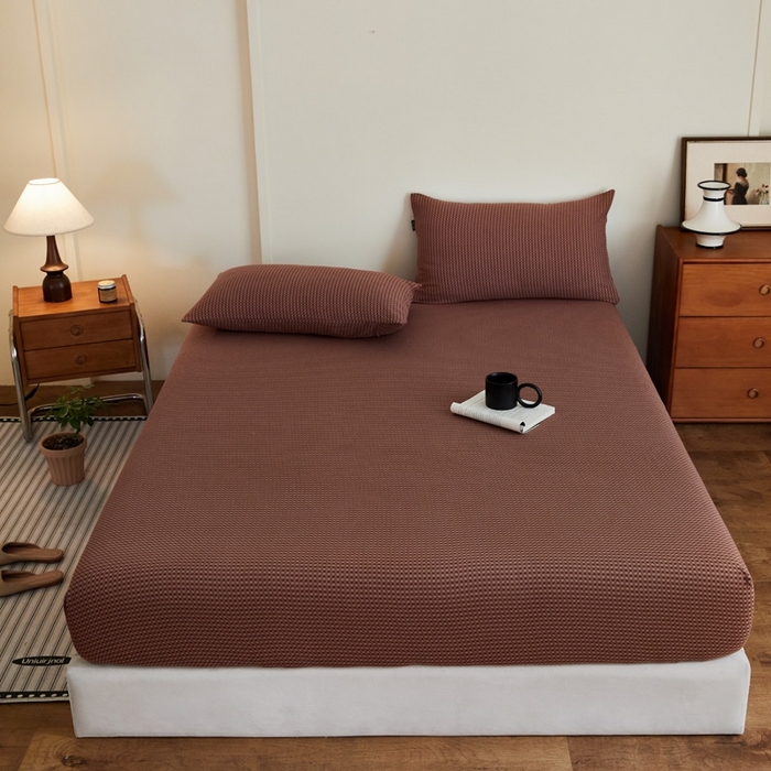 91家纺网 家纺一手货源 找家纺 2025新款A类全棉色织双层纱单床笠 格林-烟红