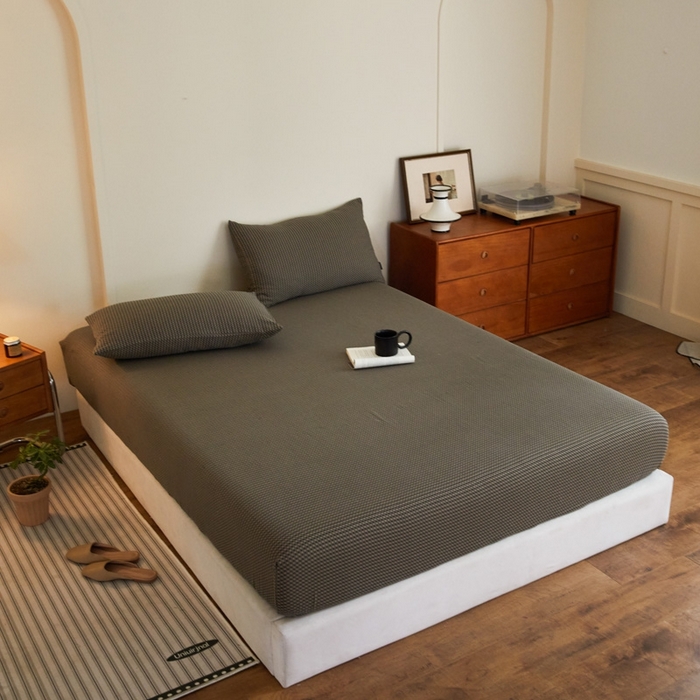 91家纺网 家纺一手货源 找家纺 2025新款A类全棉色织双层纱单床笠 格林-烟灰