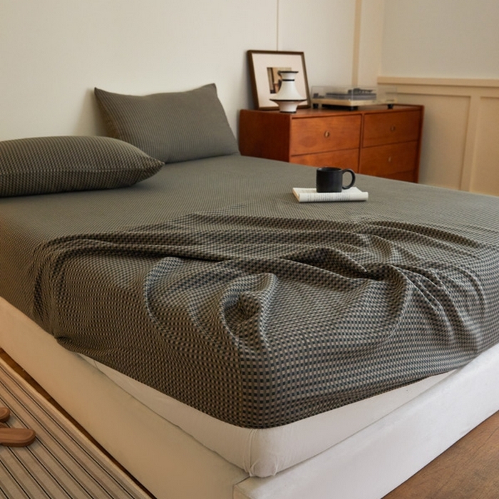 91家纺网 家纺一手货源 找家纺 2025新款A类全棉色织双层纱单床笠 格林-烟灰