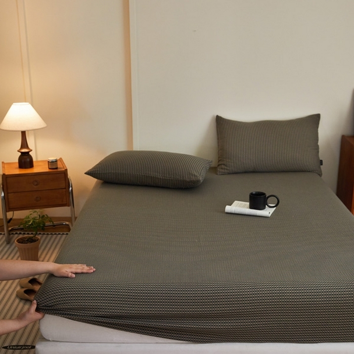 91家纺网 家纺一手货源 找家纺 2025新款A类全棉色织双层纱单床笠 格林-烟灰