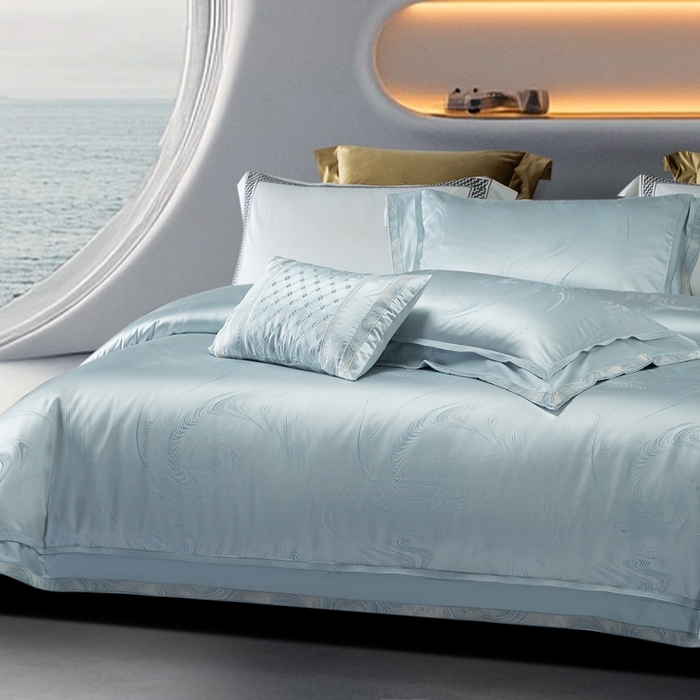 91家纺网 家纺一手货源 找家纺 高大尚婚庆馆  2025新款长绒棉高精密臻丝缎四件套-鎏金岁月 水晶兰