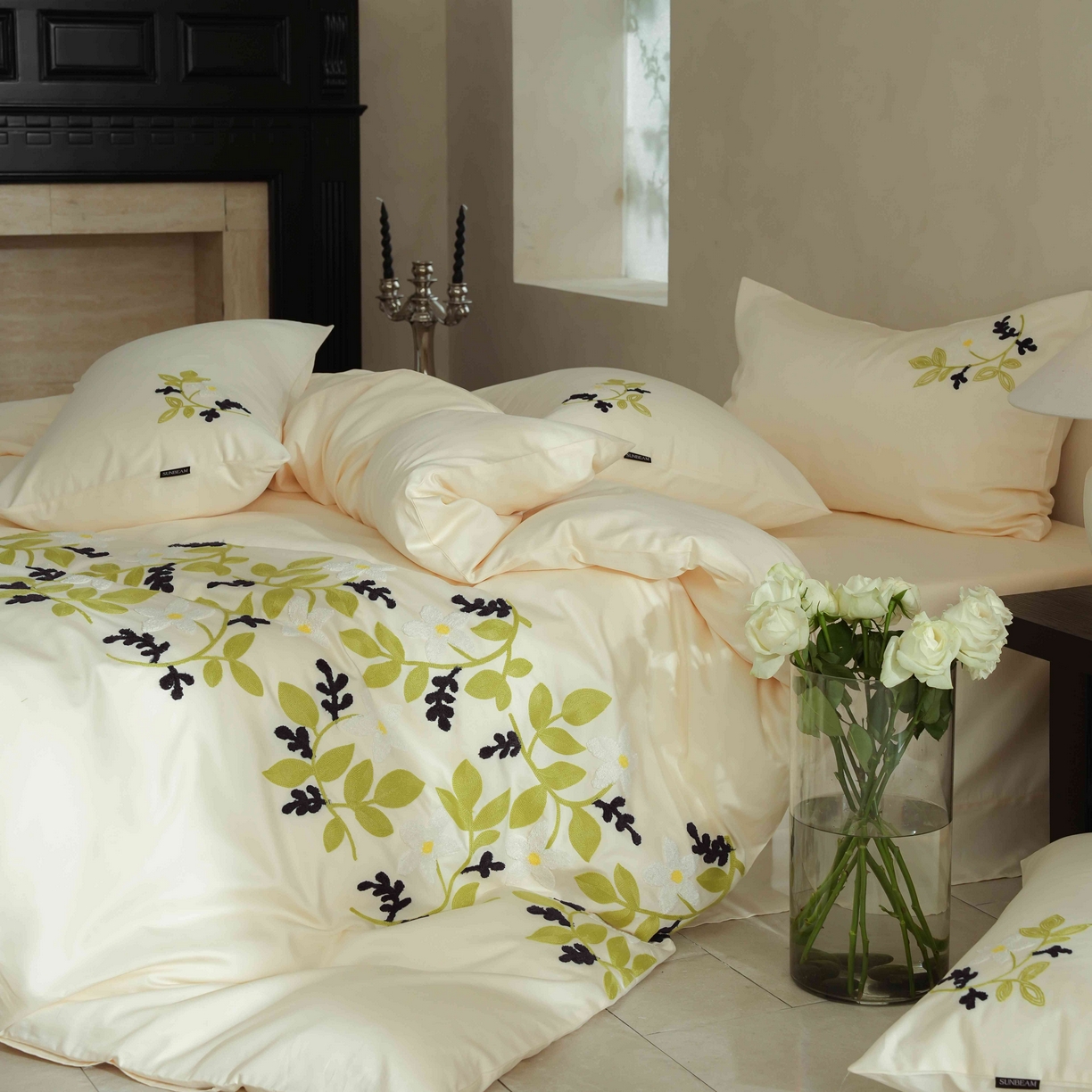 91家纺网 家纺一手货源 找家纺 （总）秀色家纺 2025新款小清新60s长绒棉四件套纯棉全棉毛巾绣被套床单轻奢床品-网红风