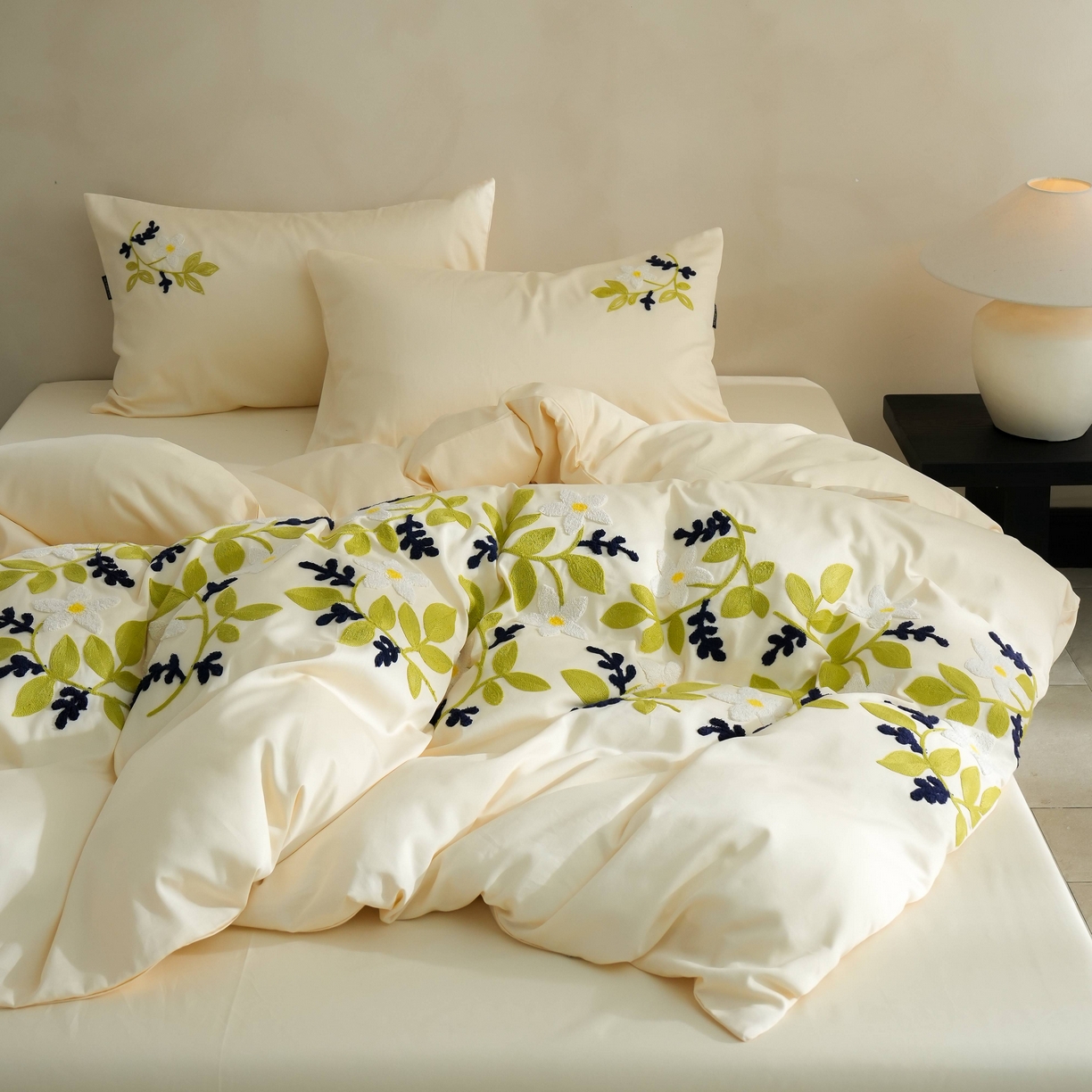 91家纺网 家纺一手货源 找家纺 （总）秀色家纺 2025新款小清新60s长绒棉四件套纯棉全棉毛巾绣被套床单轻奢床品-网红风