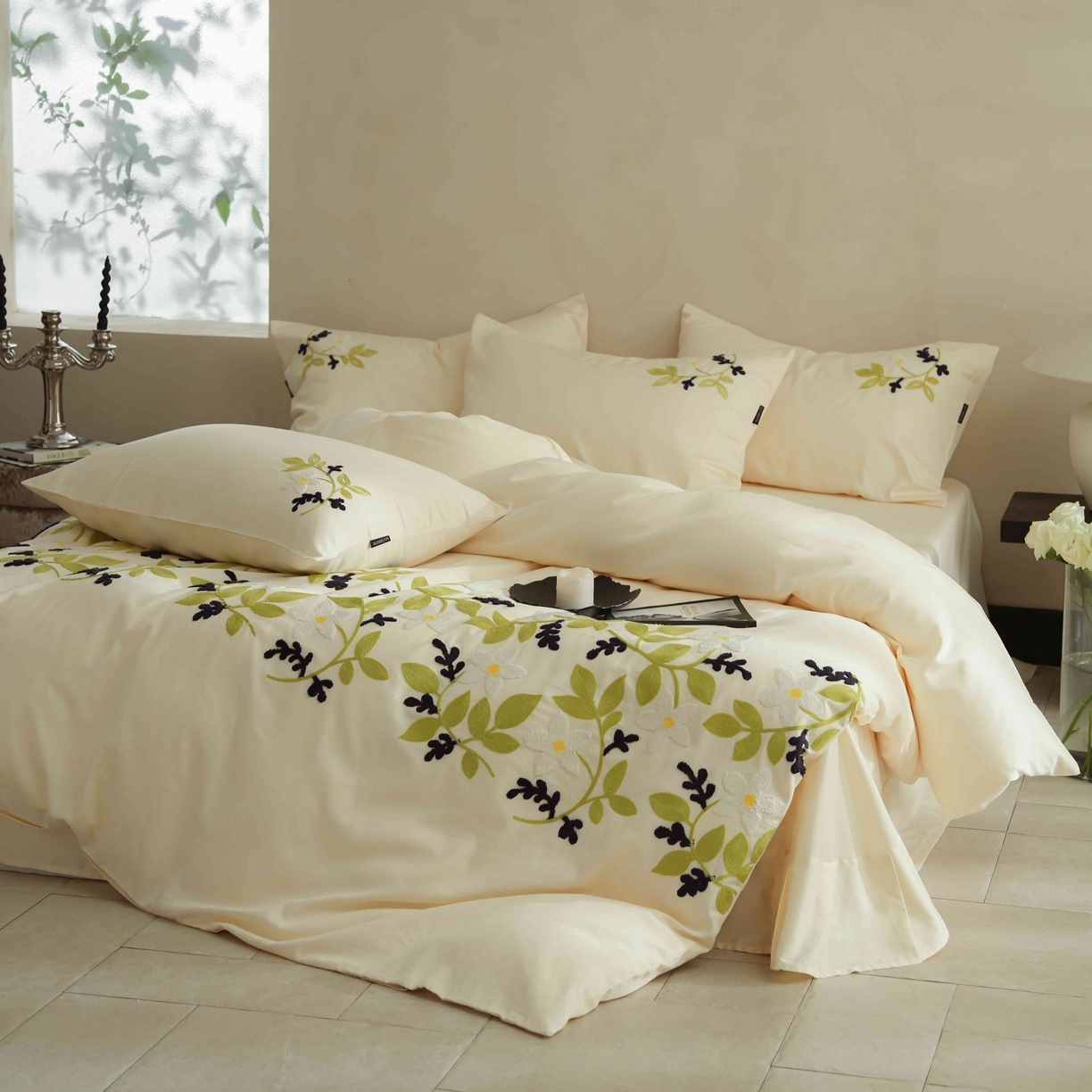 91家纺网 家纺一手货源 找家纺 （总）秀色家纺 2025新款小清新60s长绒棉四件套纯棉全棉毛巾绣被套床单轻奢床品-网红风