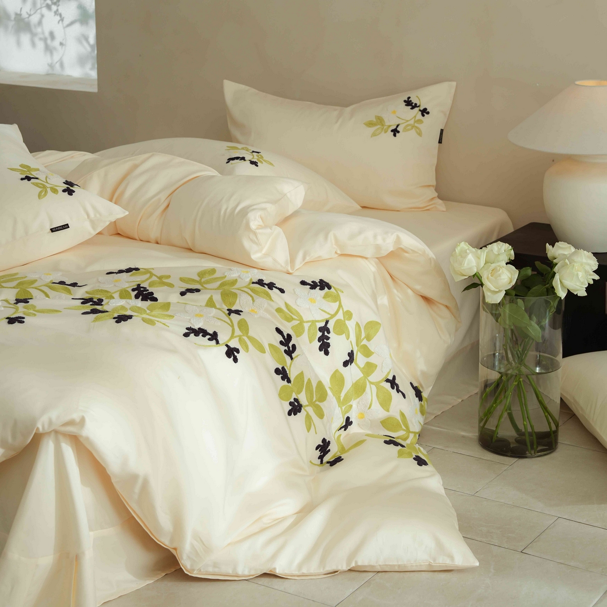 91家纺网 家纺一手货源 找家纺 （总）秀色家纺 2025新款小清新60s长绒棉四件套纯棉全棉毛巾绣被套床单轻奢床品-网红风