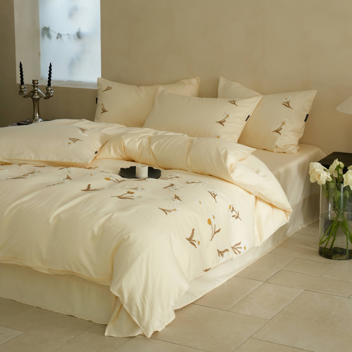 91家纺网 家纺一手货源 找家纺 秀色家纺 2025新款小清新60s长绒棉四件套纯棉全棉毛巾绣被套床单轻奢床品-网红风 小雏菊