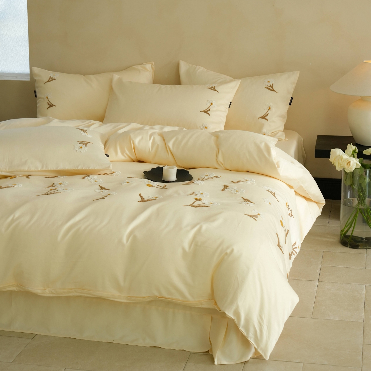 91家纺网 家纺一手货源 找家纺 秀色家纺 2025新款小清新60s长绒棉四件套纯棉全棉毛巾绣被套床单轻奢床品-网红风 小雏菊