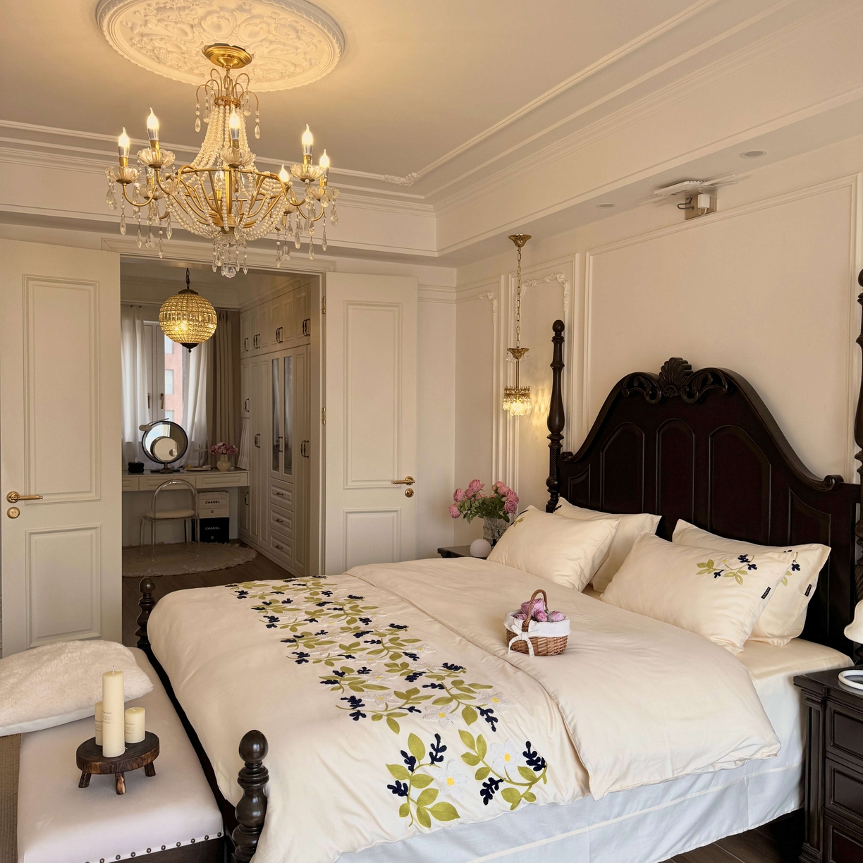 秀色家纺 2025新款小清新60s长绒棉四件套纯棉全棉毛巾绣被套床单轻奢床品-小红书实拍风 绿叶白花