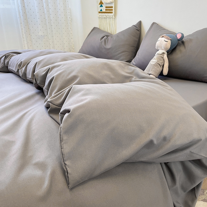 悦织湾家纺 2025新款水洗棉亲肤纯色双拼AB版双面两用轻奢风床上用品四件套学生宿舍三件套 纯色浅灰