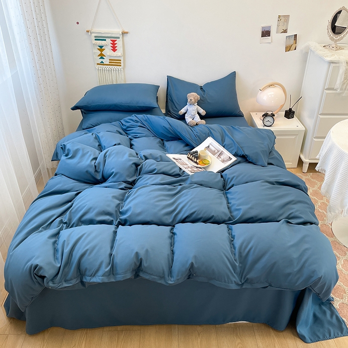 91家纺网 家纺一手货源 找家纺 悦织湾家纺 2025新款水洗棉亲肤纯色双拼AB版双面两用轻奢风床上用品四件套学生宿舍三件套 纯色宝蓝