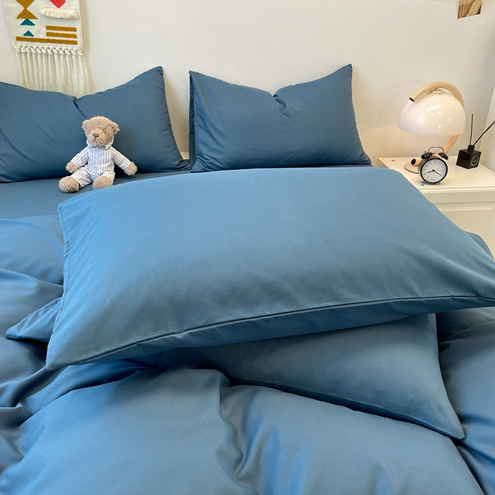 91家纺网 家纺一手货源 找家纺 悦织湾家纺 2025新款水洗棉亲肤纯色双拼AB版双面两用轻奢风床上用品四件套学生宿舍三件套 纯色宝蓝