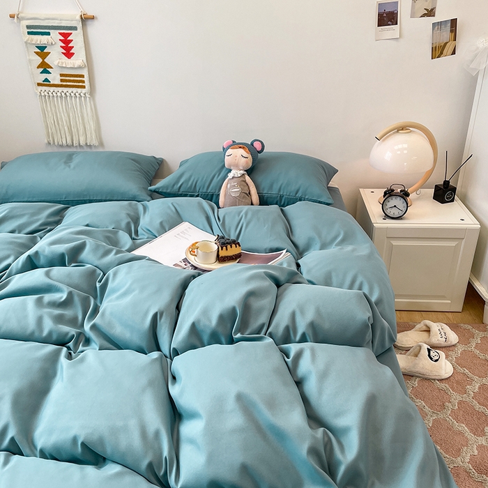 91家纺网 家纺一手货源 找家纺 悦织湾家纺 2025新款水洗棉亲肤纯色双拼AB版双面两用轻奢风床上用品四件套学生宿舍三件套 纯色墨兰