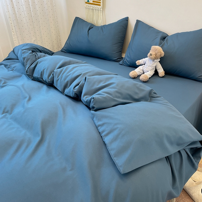 91家纺网 家纺一手货源 找家纺 悦织湾家纺 2025新款水洗棉亲肤纯色双拼AB版双面两用轻奢风床上用品四件套学生宿舍三件套 纯色宝蓝