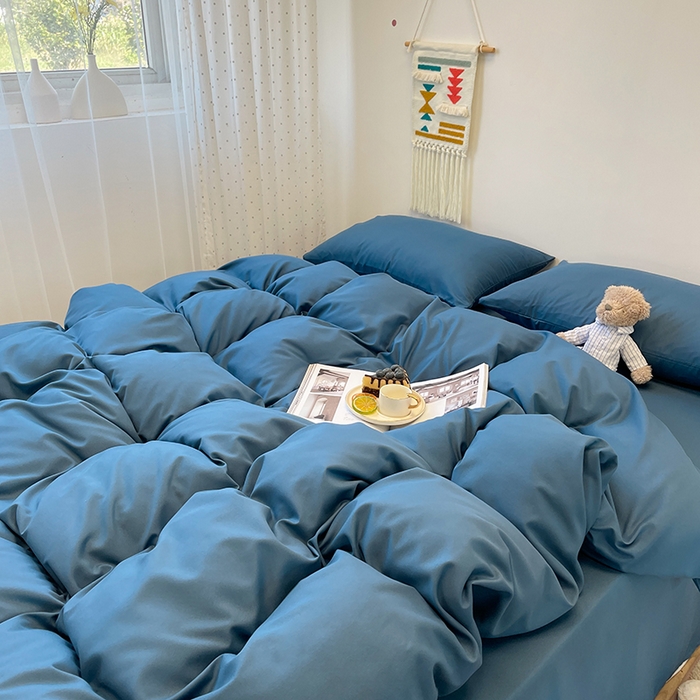 91家纺网 家纺一手货源 找家纺 悦织湾家纺 2025新款水洗棉亲肤纯色双拼AB版双面两用轻奢风床上用品四件套学生宿舍三件套 纯色宝蓝