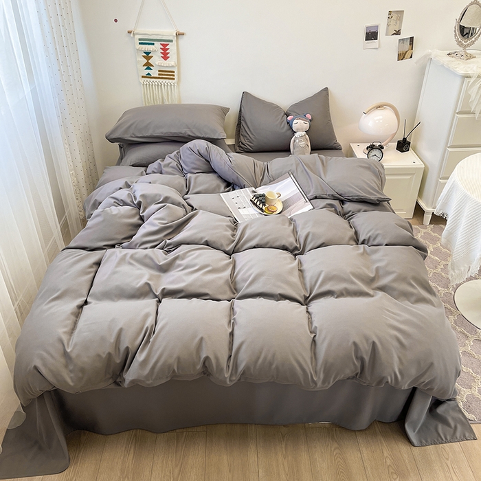 91家纺网 家纺一手货源 找家纺 悦织湾家纺 2025新款水洗棉亲肤纯色双拼AB版双面两用轻奢风床上用品四件套学生宿舍三件套 纯色浅灰