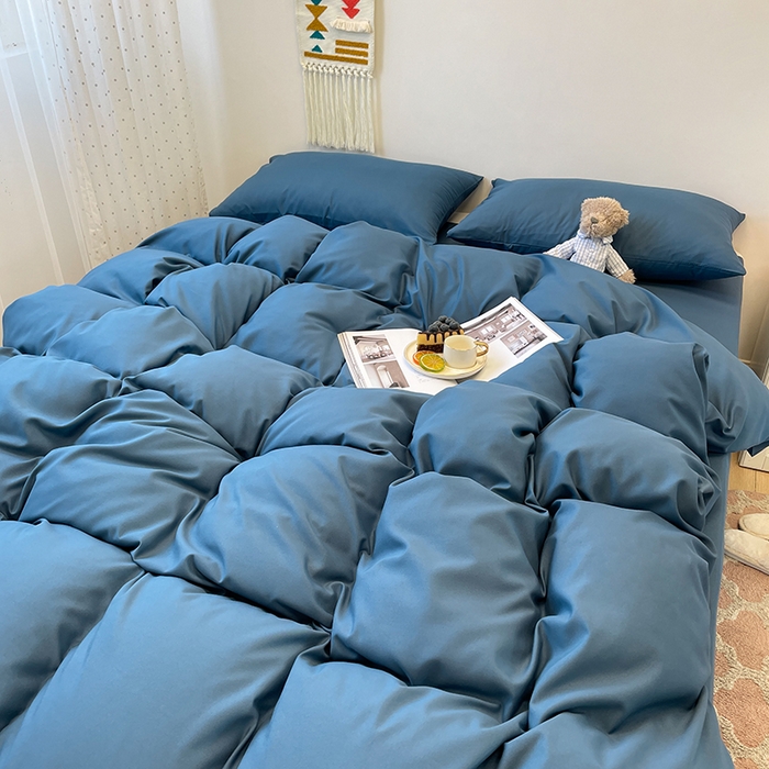 91家纺网 家纺一手货源 找家纺 悦织湾家纺 2025新款水洗棉亲肤纯色双拼AB版双面两用轻奢风床上用品四件套学生宿舍三件套 纯色宝蓝