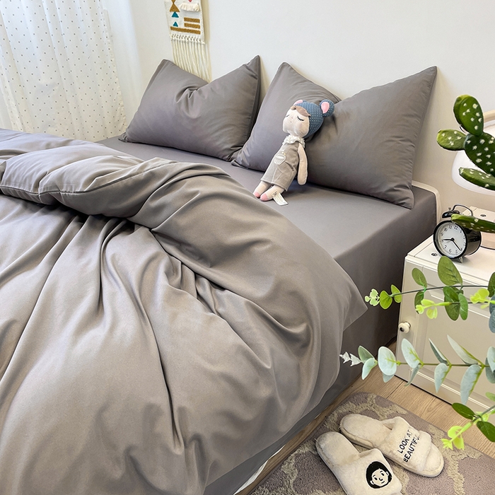 91家纺网 家纺一手货源 找家纺 悦织湾家纺 2025新款水洗棉亲肤纯色双拼AB版双面两用轻奢风床上用品四件套学生宿舍三件套 纯色浅灰