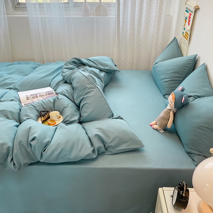 91家纺网 家纺一手货源 找家纺 悦织湾家纺 2025新款水洗棉亲肤纯色双拼AB版双面两用轻奢风床上用品四件套学生宿舍三件套 纯色墨兰