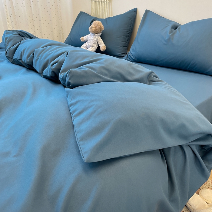 91家纺网 家纺一手货源 找家纺 悦织湾家纺 2025新款水洗棉亲肤纯色双拼AB版双面两用轻奢风床上用品四件套学生宿舍三件套 纯色宝蓝