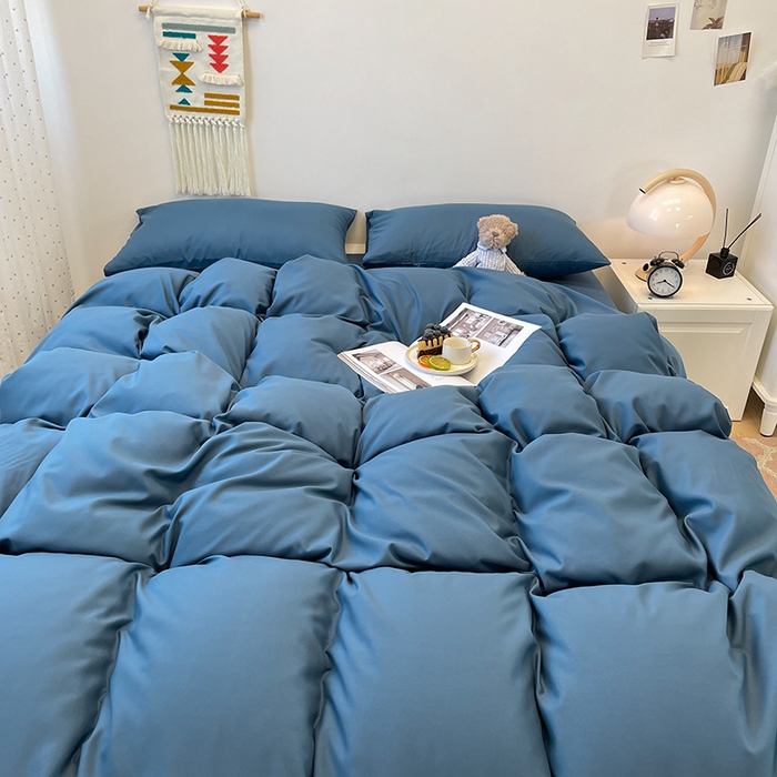 91家纺网 家纺一手货源 找家纺 悦织湾家纺 2025新款水洗棉亲肤纯色双拼AB版双面两用轻奢风床上用品四件套学生宿舍三件套 纯色宝蓝