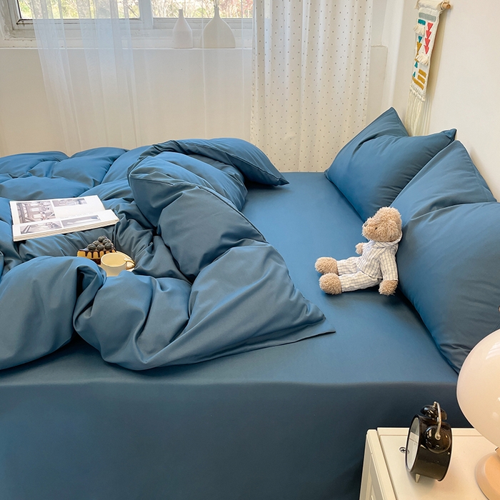 91家纺网 家纺一手货源 找家纺 悦织湾家纺 2025新款水洗棉亲肤纯色双拼AB版双面两用轻奢风床上用品四件套学生宿舍三件套 纯色宝蓝