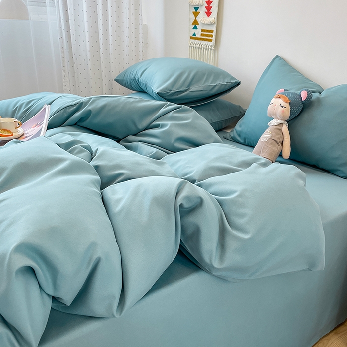 91家纺网 家纺一手货源 找家纺 悦织湾家纺 2025新款水洗棉亲肤纯色双拼AB版双面两用轻奢风床上用品四件套学生宿舍三件套 纯色墨兰