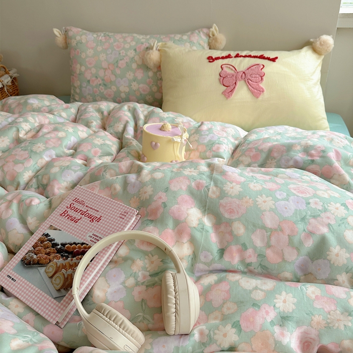 91家纺网 家纺一手货源 找家纺 丽涵家纺 2025新款全棉纯棉双层纱色织水洗棉毛巾绣四件套 球球款花花兔-豆绿