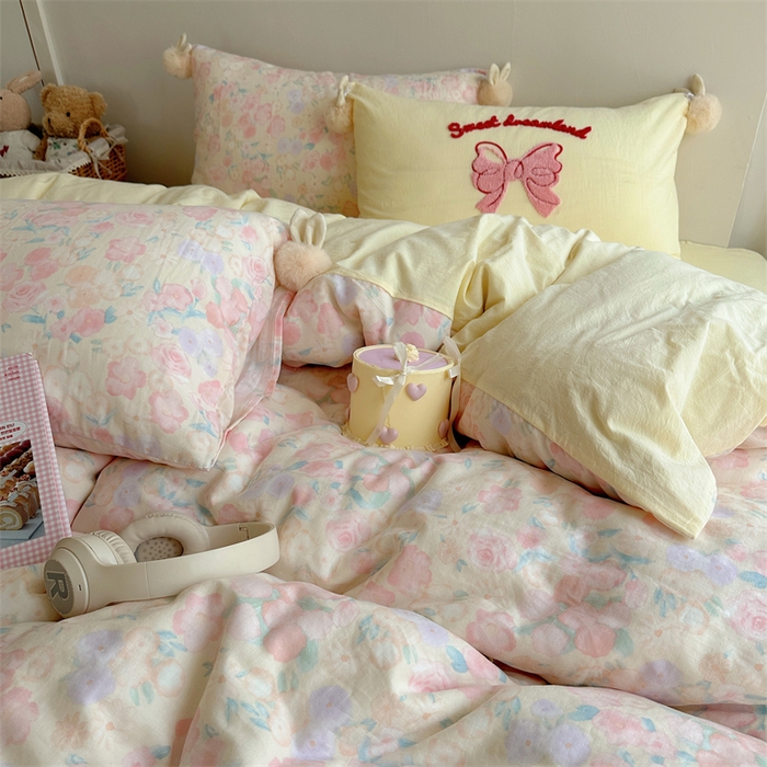 91家纺网 家纺一手货源 找家纺 丽涵家纺 2025新款全棉纯棉双层纱色织水洗棉毛巾绣四件套 球球款花花兔-奶黄