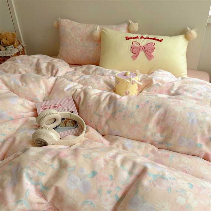 91家纺网 家纺一手货源 找家纺 丽涵家纺 2025新款全棉纯棉双层纱色织水洗棉毛巾绣四件套 球球款花花兔-粉色