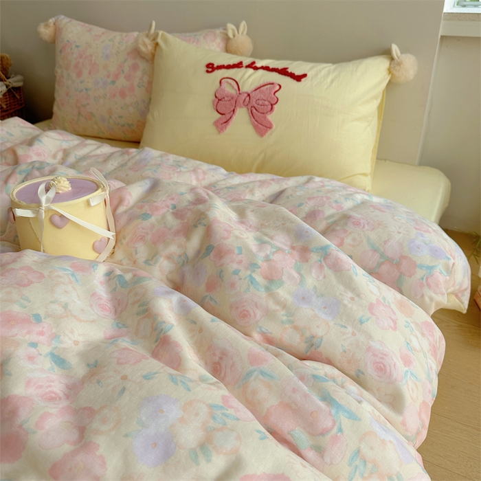 91家纺网 家纺一手货源 找家纺 丽涵家纺 2025新款全棉纯棉双层纱色织水洗棉毛巾绣四件套 球球款花花兔-奶黄