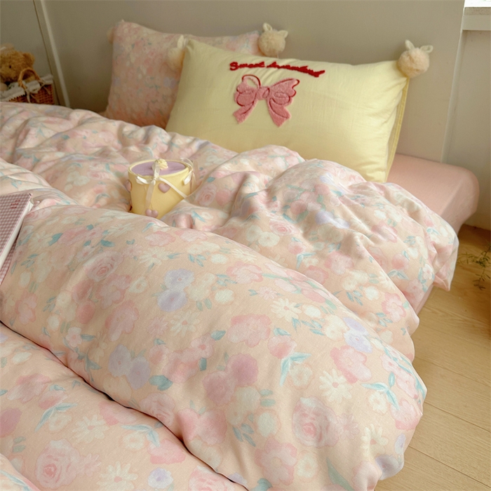 91家纺网 家纺一手货源 找家纺 丽涵家纺 2025新款全棉纯棉双层纱色织水洗棉毛巾绣四件套 球球款花花兔-粉色