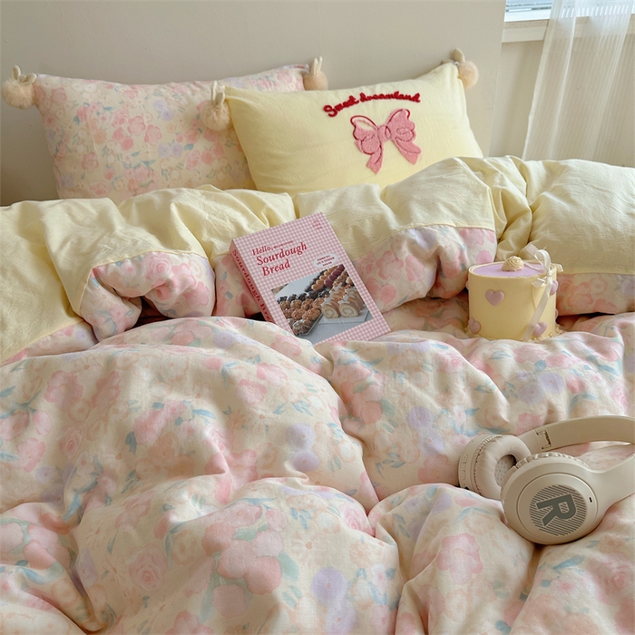 91家纺网 家纺一手货源 找家纺 丽涵家纺 2025新款全棉纯棉双层纱色织水洗棉毛巾绣四件套 球球款花花兔-奶黄