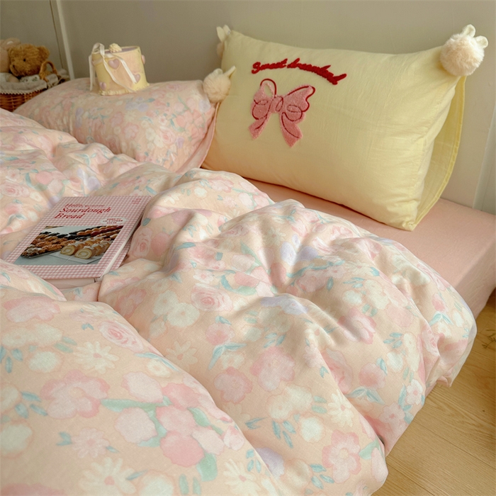 91家纺网 家纺一手货源 找家纺 丽涵家纺 2025新款全棉纯棉双层纱色织水洗棉毛巾绣四件套 球球款花花兔-粉色