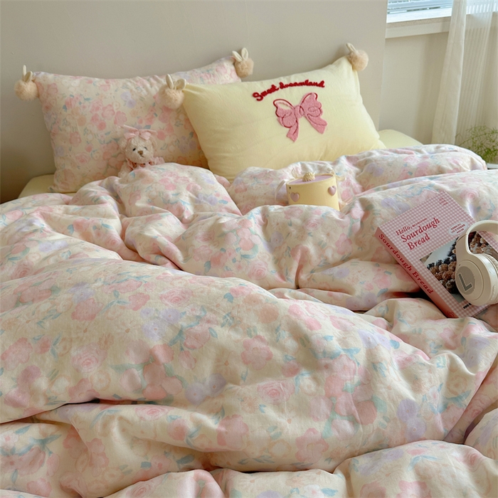 91家纺网 家纺一手货源 找家纺 丽涵家纺 2025新款全棉纯棉双层纱色织水洗棉毛巾绣四件套 球球款花花兔-奶黄