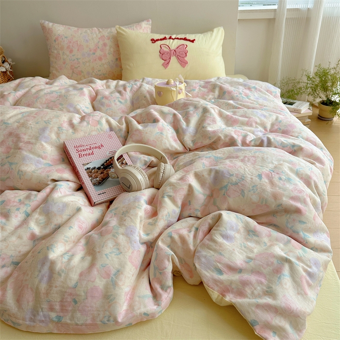 丽涵家纺 2025新款全棉纯棉双层纱色织水洗棉毛巾绣四件套 花花兔-奶黄