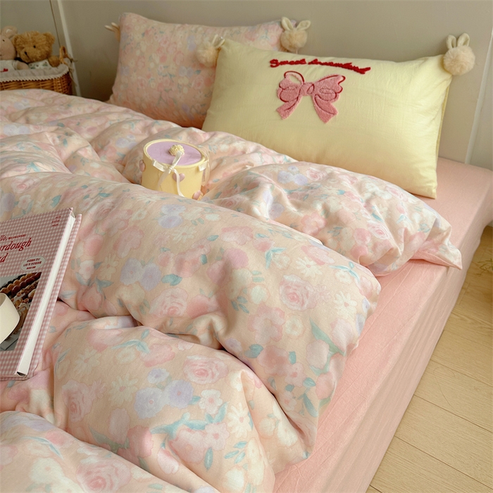 91家纺网 家纺一手货源 找家纺 丽涵家纺 2025新款全棉纯棉双层纱色织水洗棉毛巾绣四件套 球球款花花兔-粉色