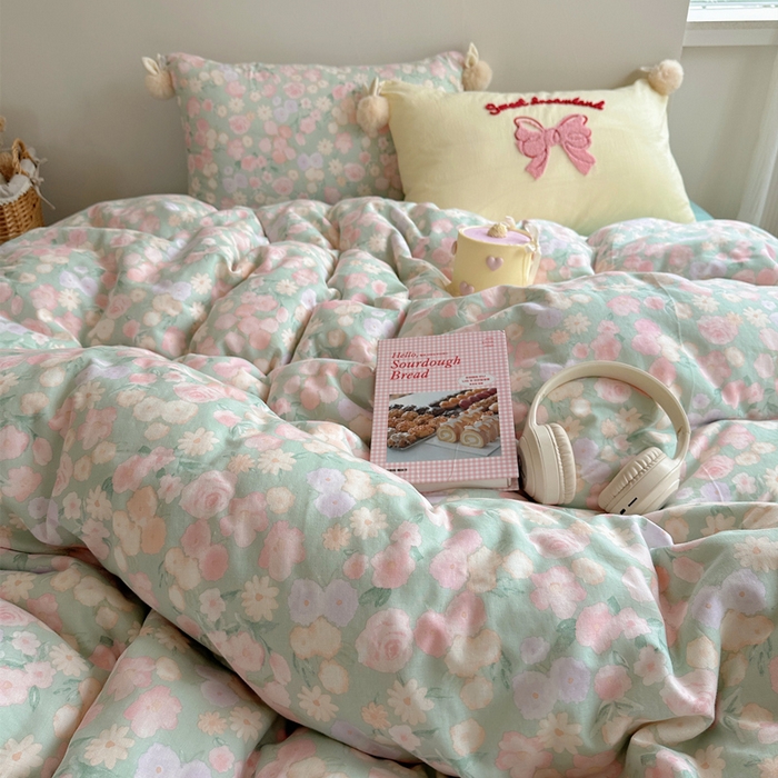 91家纺网 家纺一手货源 找家纺 丽涵家纺 2025新款全棉纯棉双层纱色织水洗棉毛巾绣四件套 球球款花花兔-豆绿