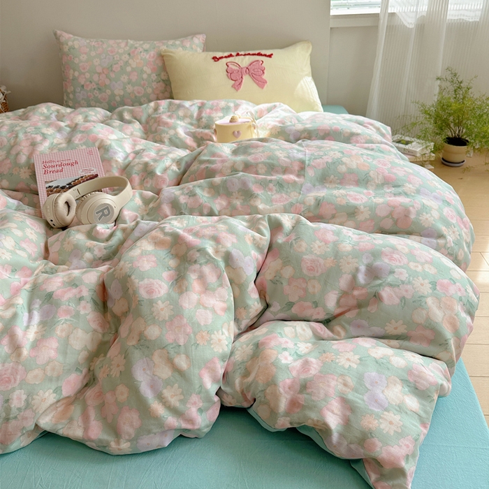 丽涵家纺 2025新款全棉纯棉双层纱色织水洗棉毛巾绣四件套 花花兔-豆绿