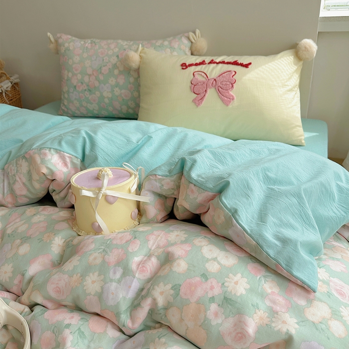 91家纺网 家纺一手货源 找家纺 丽涵家纺 2025新款全棉纯棉双层纱色织水洗棉毛巾绣四件套 球球款花花兔-豆绿