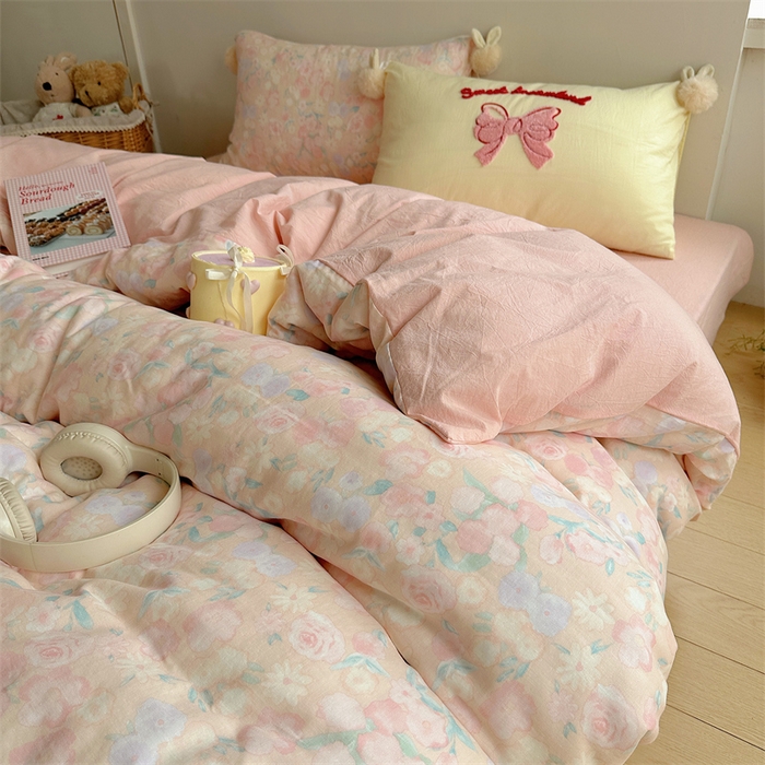 91家纺网 家纺一手货源 找家纺 丽涵家纺 2025新款全棉纯棉双层纱色织水洗棉毛巾绣四件套 球球款花花兔-粉色