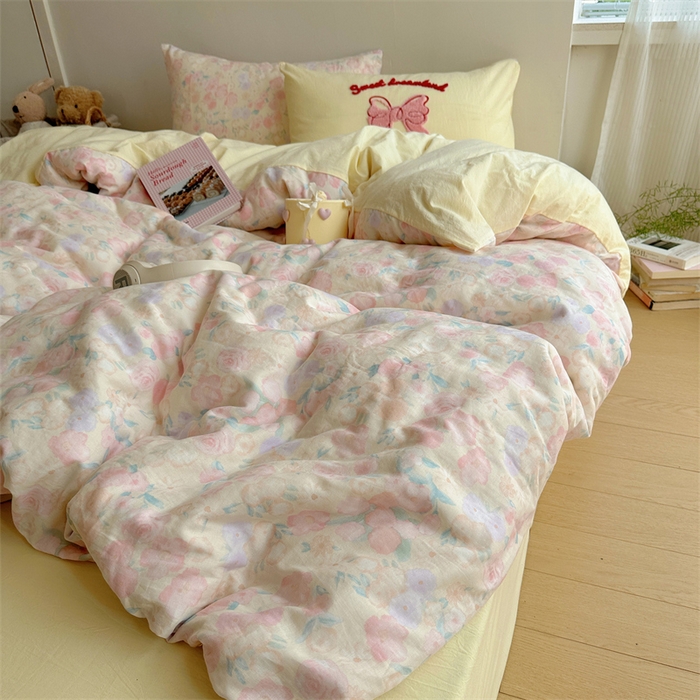 91家纺网 家纺一手货源 找家纺 丽涵家纺 2025新款全棉纯棉双层纱色织水洗棉毛巾绣四件套 花花兔-奶黄