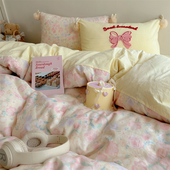 91家纺网 家纺一手货源 找家纺 丽涵家纺 2025新款全棉纯棉双层纱色织水洗棉毛巾绣四件套 球球款花花兔-奶黄